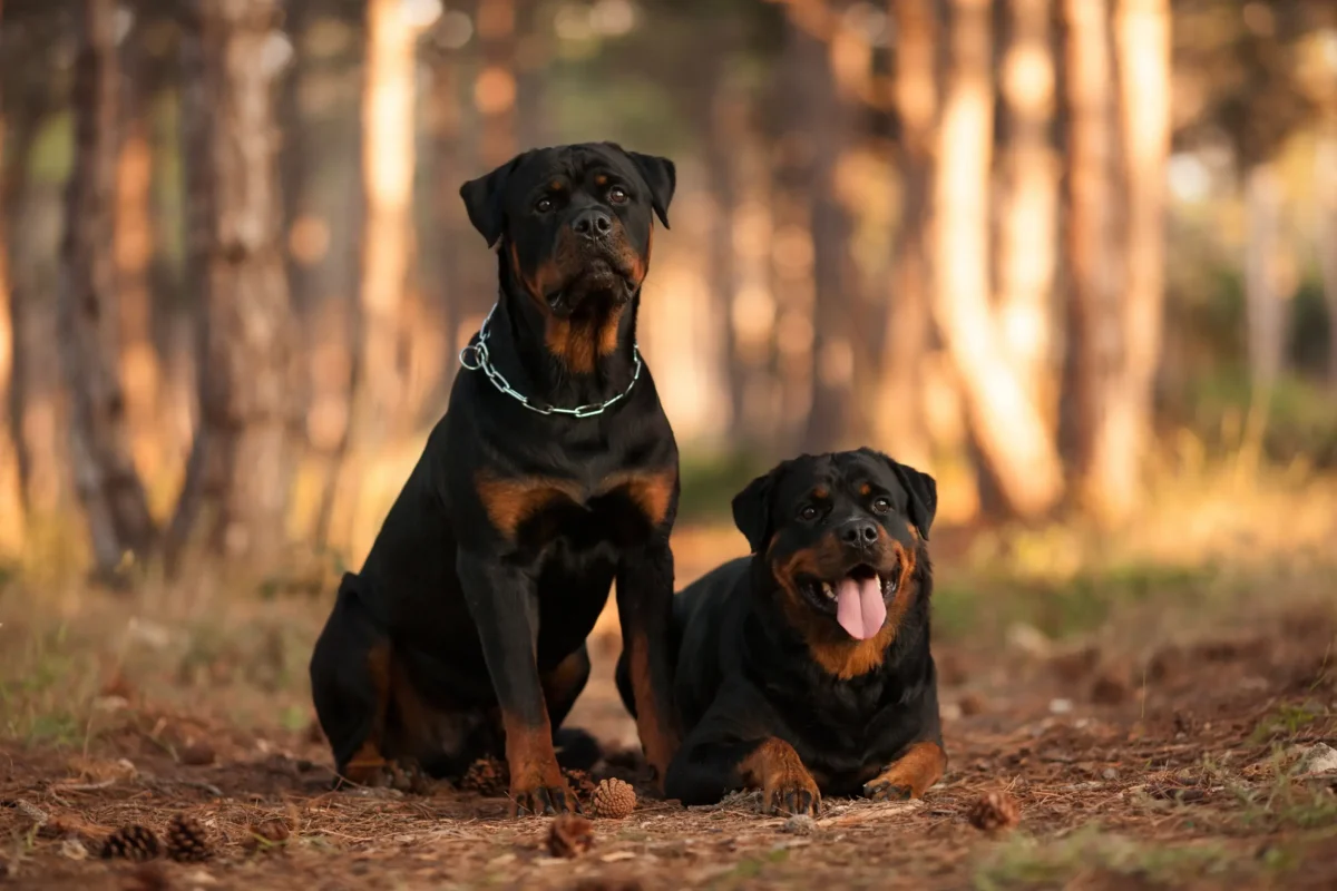 Two Rottweilers in a woodland setting